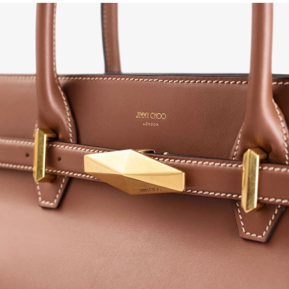 Close-up of the gold Diamond hardware belt clasp and Jimmy Choo London stamp